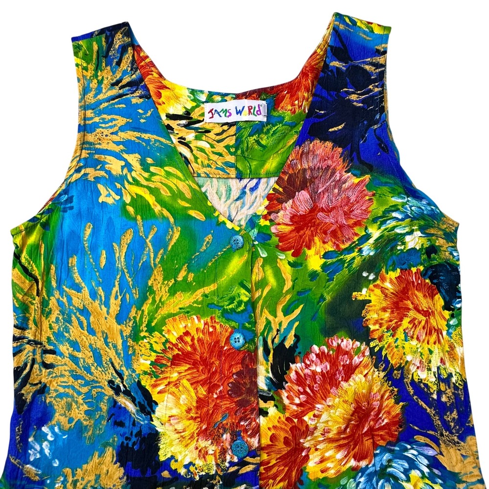 Jams World Sea Life 90s Vintage Sleeveless Maxi Dress Multi-Color Button Front S - Picture 2 of 16